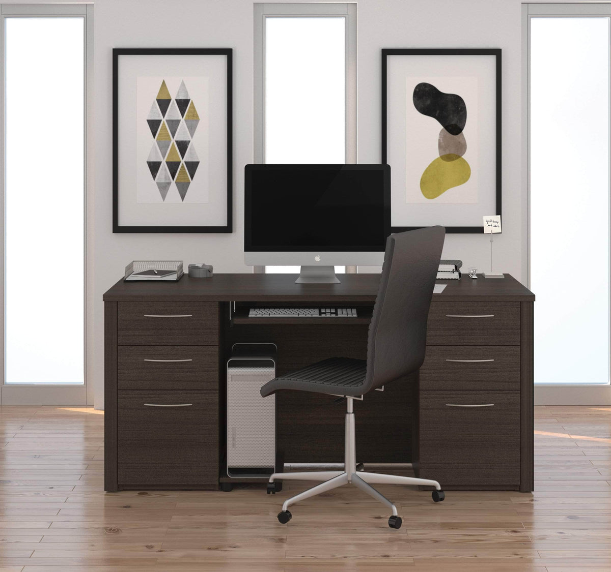 Modubox Embassy 66" Traditional Executive Desk with 2 Pedestals Dark Chocolate, image 3