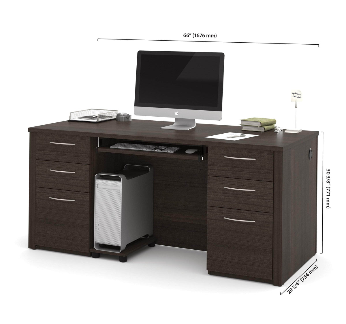 Modubox Embassy 66" Traditional Executive Desk with 2 Pedestals Dark Chocolate, image 4