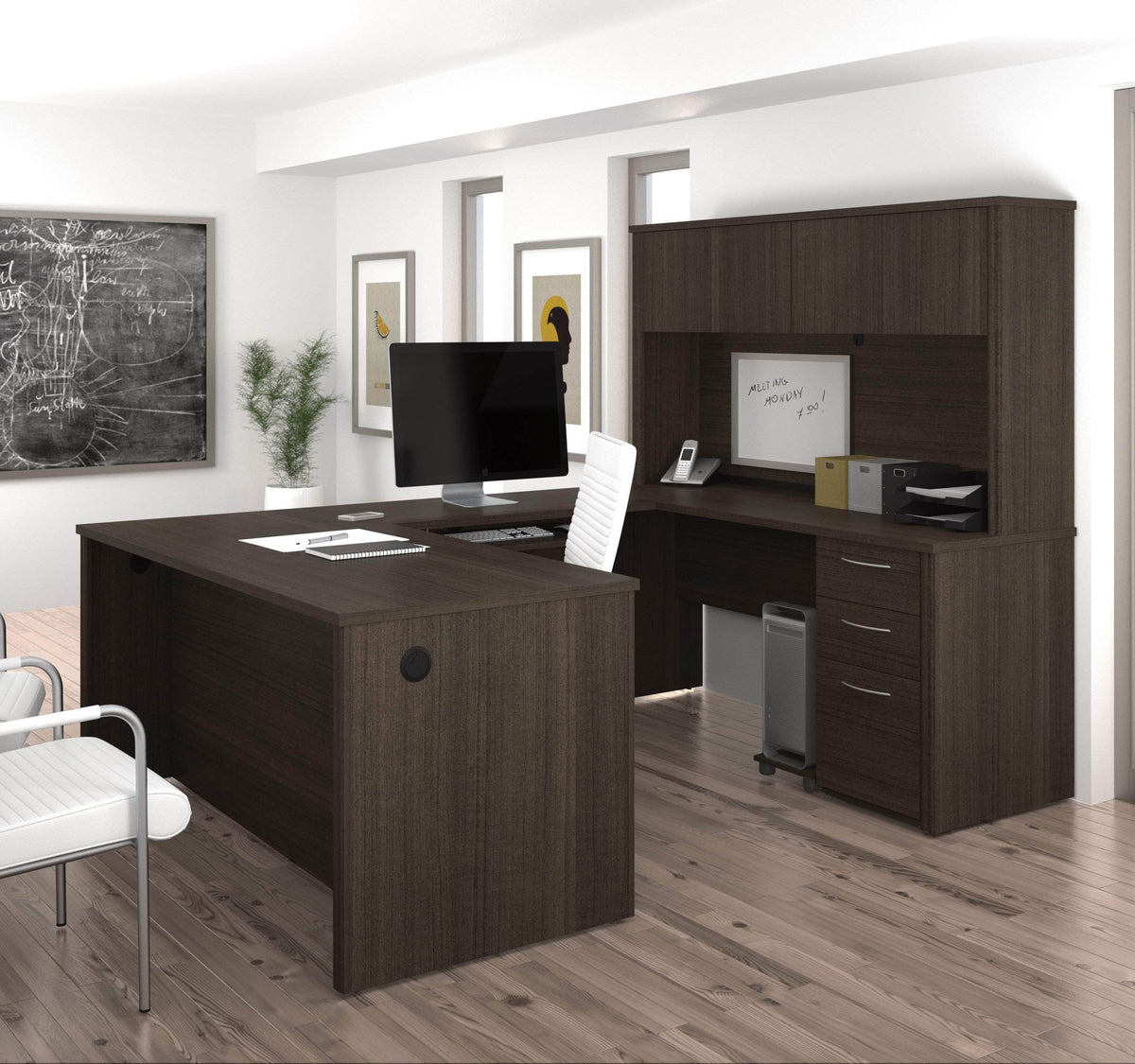 Modubox Embassy U Shaped Executive Desk with Pedestal and Hutch Dark Chocolate, image 1