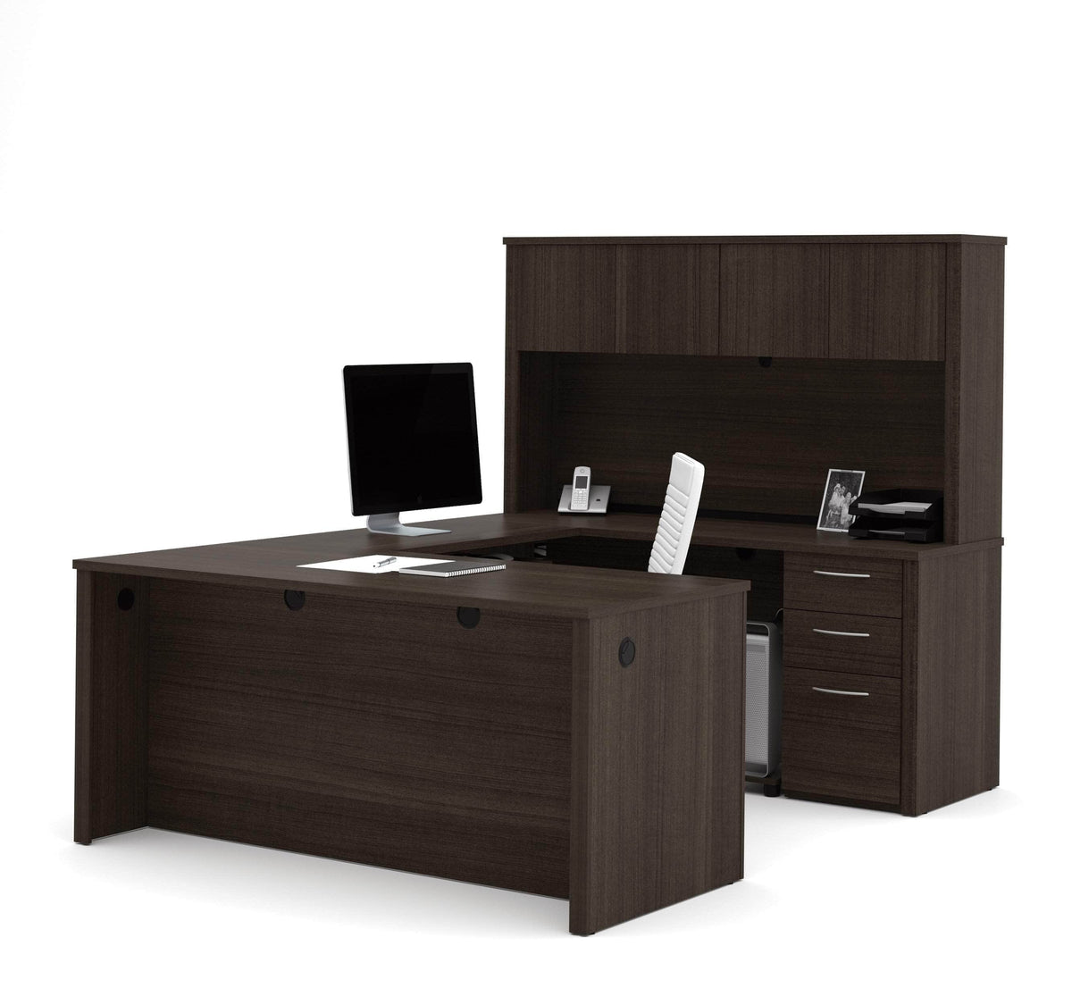 Modubox Embassy U Shaped Executive Desk with Pedestal and Hutch Dark Chocolate, image 2