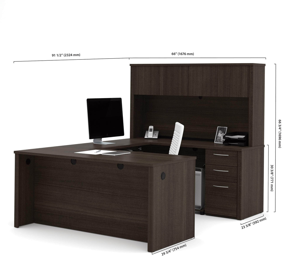 Modubox Embassy U Shaped Executive Desk with Pedestal and Hutch Dark Chocolate, image 4