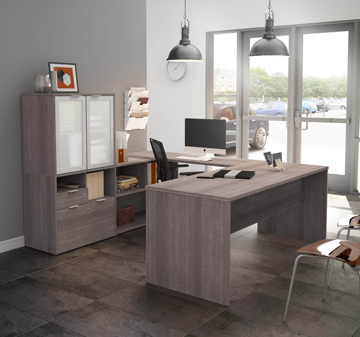 Modubox i3 Plus U shaped Desk with Frosted Glass Doors Hutch, image 1