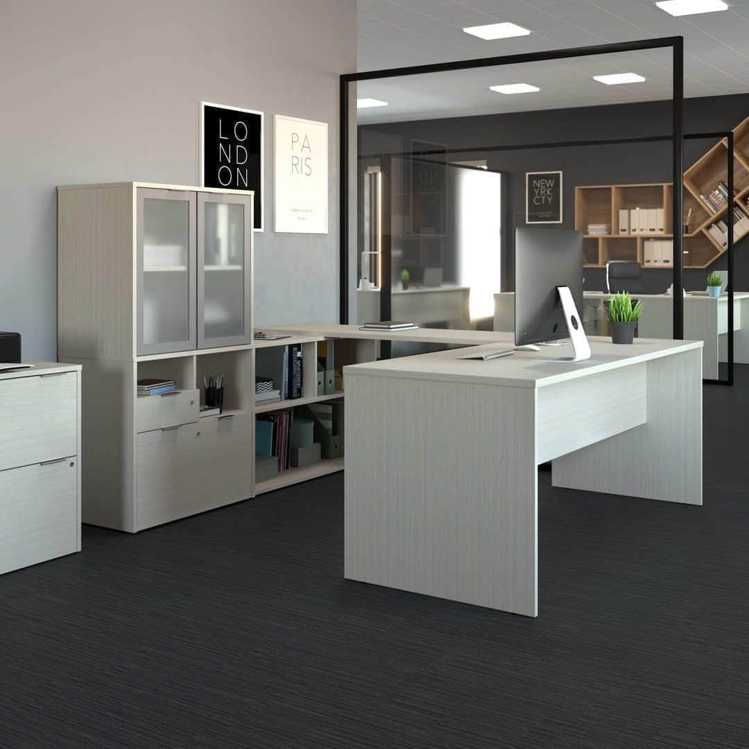 Modubox i3 Plus U shaped Desk with Frosted Glass Doors Hutch, image 2