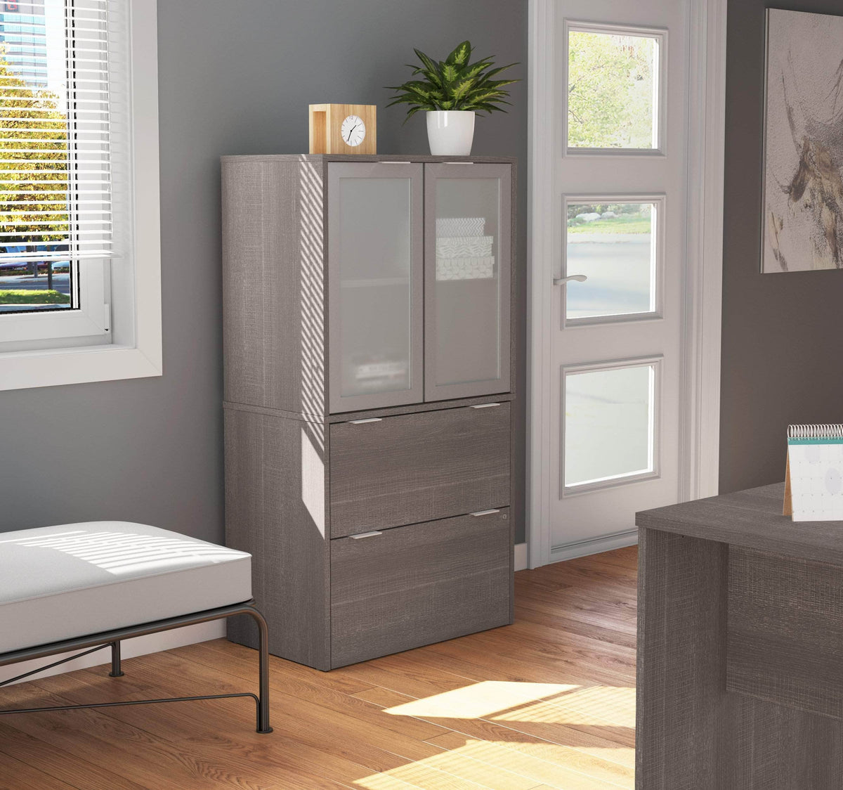 Modubox i3 Plus Lateral File Cabinet with Frosted Glass Doors Hutch Bark Grey, image 1