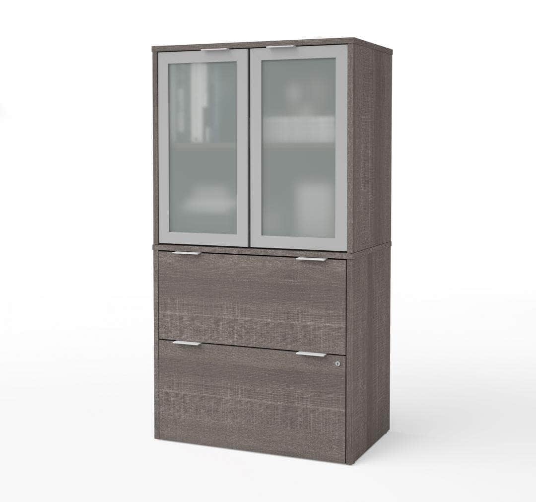Modubox i3 Plus Lateral File Cabinet with Frosted Glass Doors Hutch Bark Grey, image 2