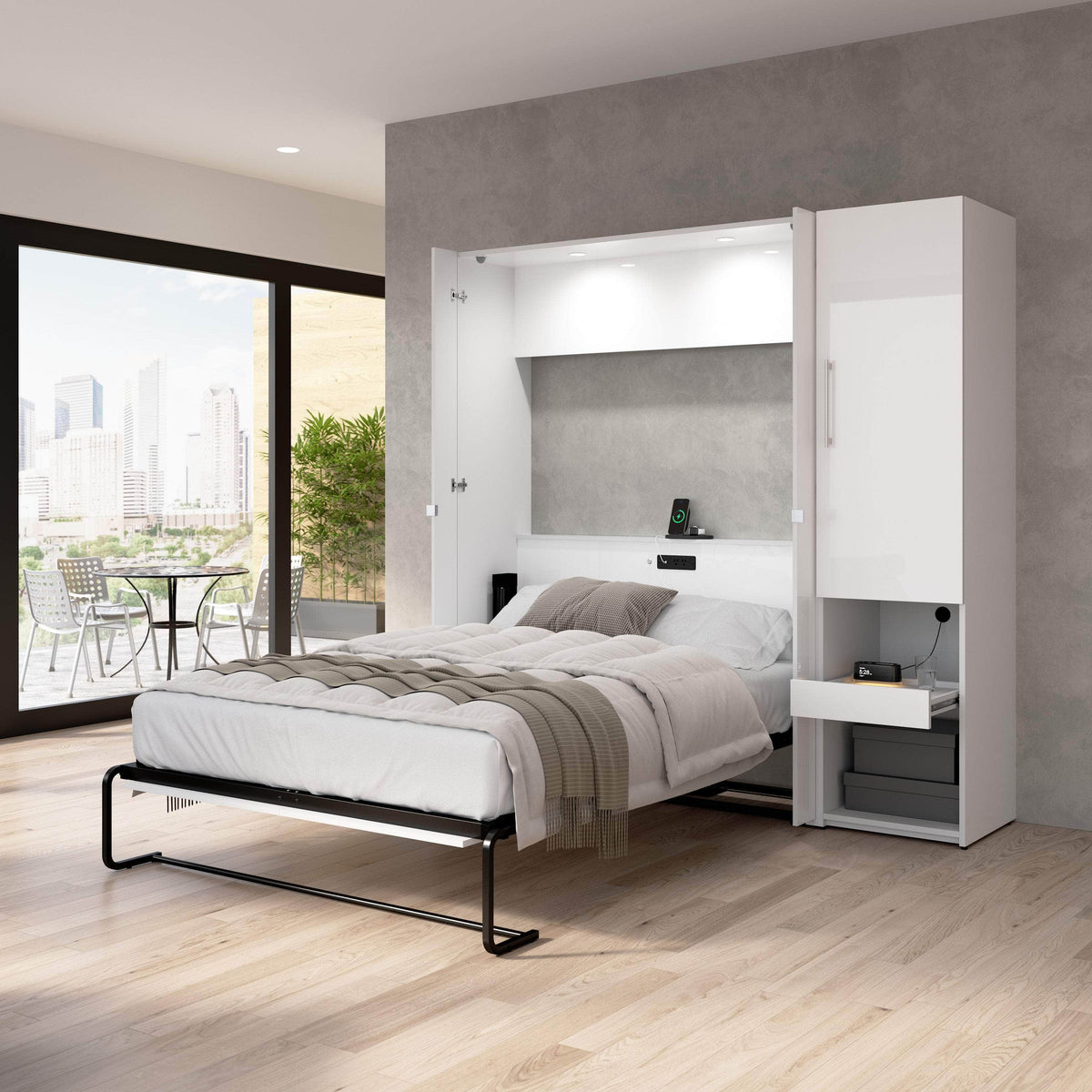 Modubox Avalon High Gloss Full Murphy Wall Bed and Storage Cabinet with Pull Out Shelf in High Gloss White, image 1