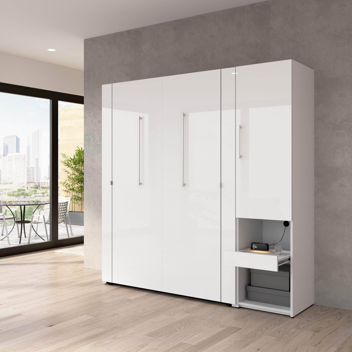 Modubox Avalon High Gloss Full Murphy Wall Bed and Storage Cabinet with Pull Out Shelf in High Gloss White, image 2