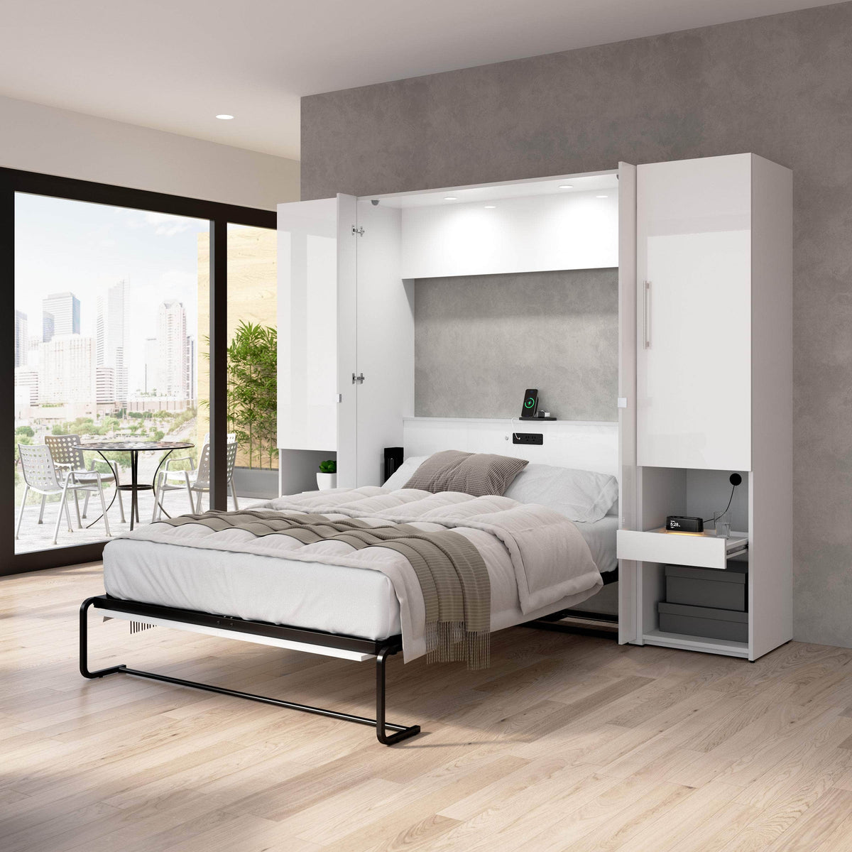 Modubox Avalon High Gloss Full Murphy Wall Bed and Storage Cabinets with Pull Out Shelf in High Gloss White, image 1
