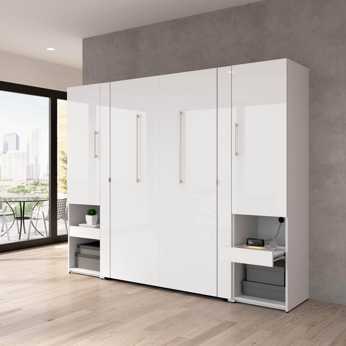 Modubox Avalon High Gloss Full Murphy Wall Bed and Storage Cabinets with Pull Out Shelf in High Gloss White, image 2