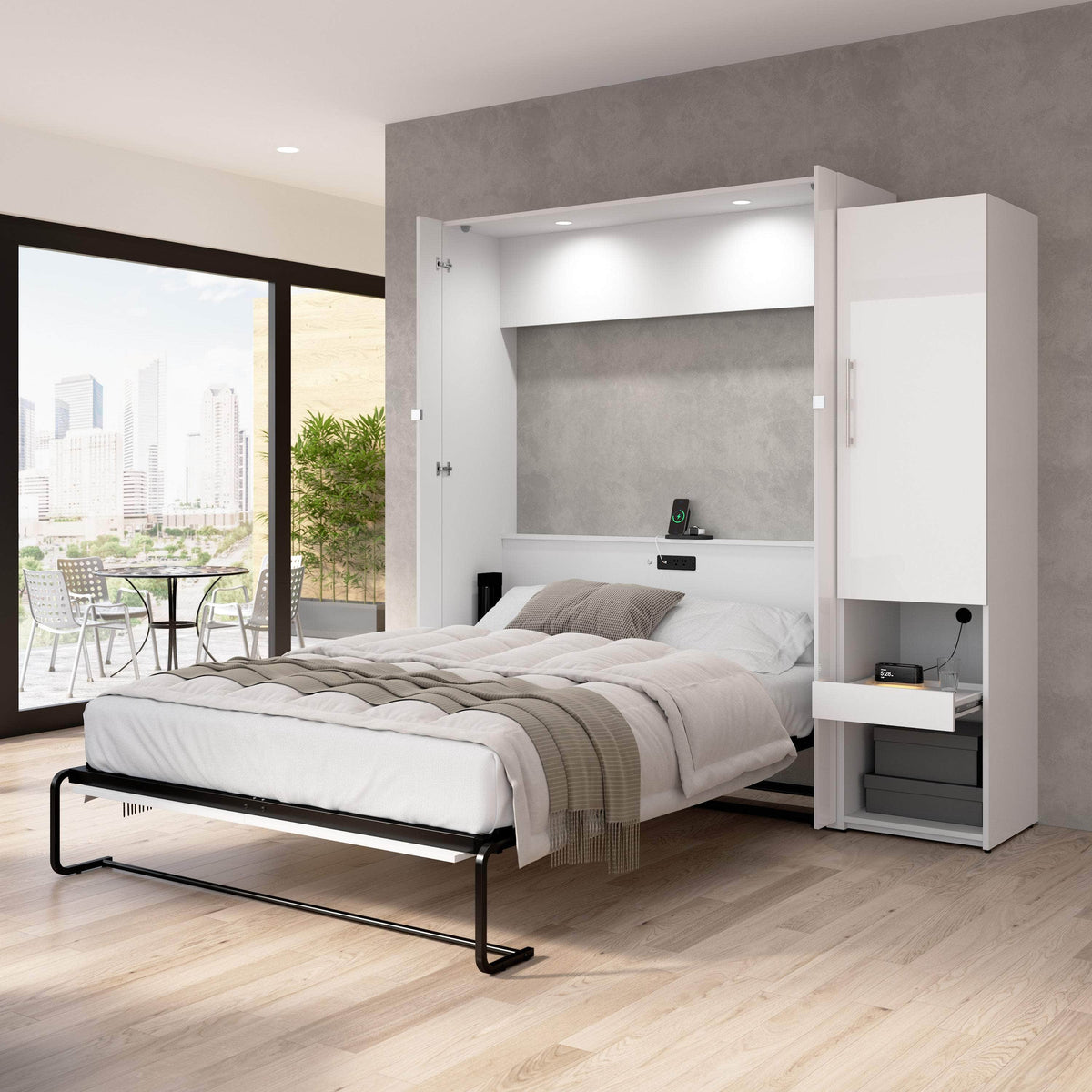 Modubox Avalon High Gloss Queen Murphy Wall Bed and Storage Cabinet with Pull Out Shelf in High Gloss White, image 1