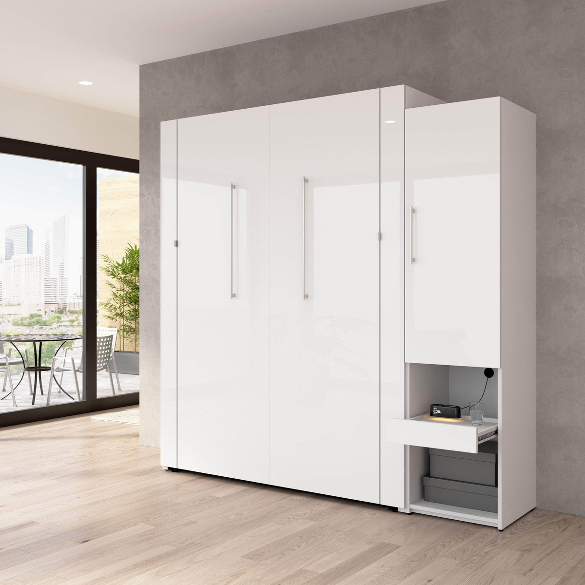 Modubox Avalon High Gloss Queen Murphy Wall Bed and Storage Cabinet with Pull Out Shelf in High Gloss White, image 2