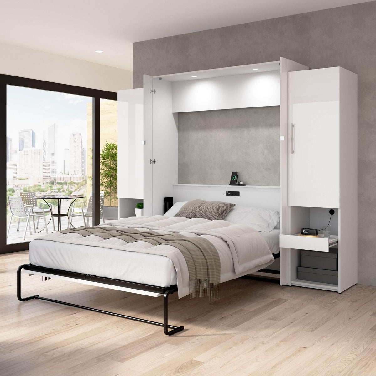 Modubox Avalon High Gloss Queen Murphy Wall Bed and Storage Cabinets with Pull Out Shelf in High Gloss White, image 1