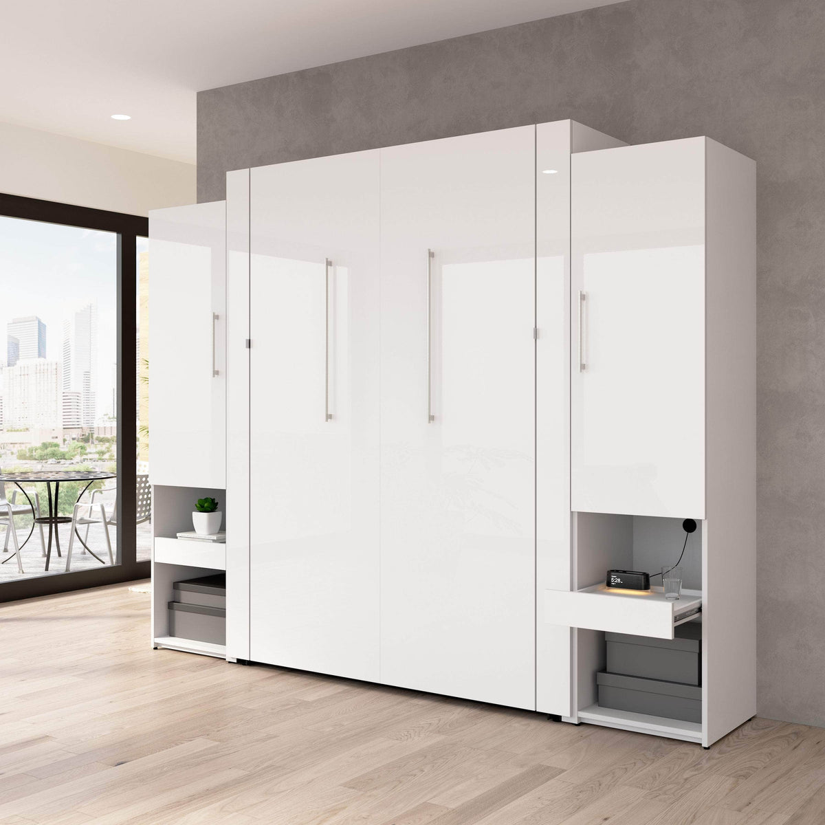 Modubox Avalon High Gloss Queen Murphy Wall Bed and Storage Cabinets with Pull Out Shelf in High Gloss White, image 2