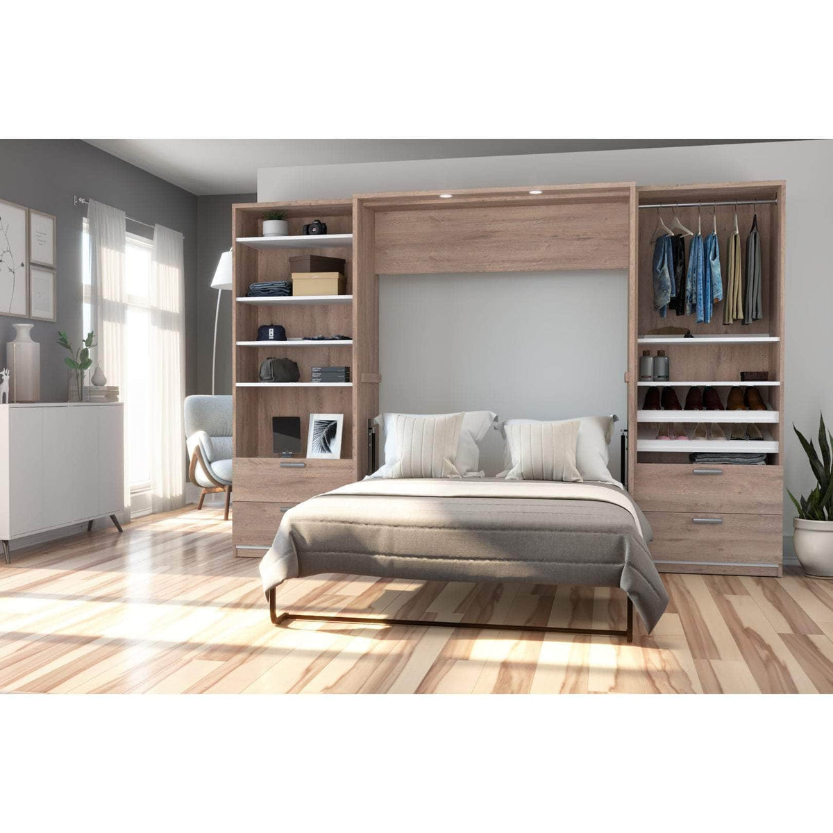 Modubox Cielo Full Murphy Wall Bed with 2 Closet Organizers with Drawers, image 1