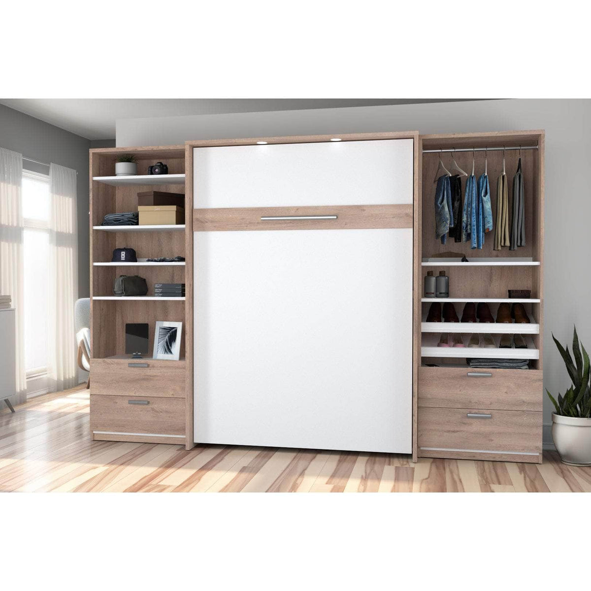 Modubox Cielo Full Murphy Wall Bed with 2 Closet Organizers with Drawers, image 2