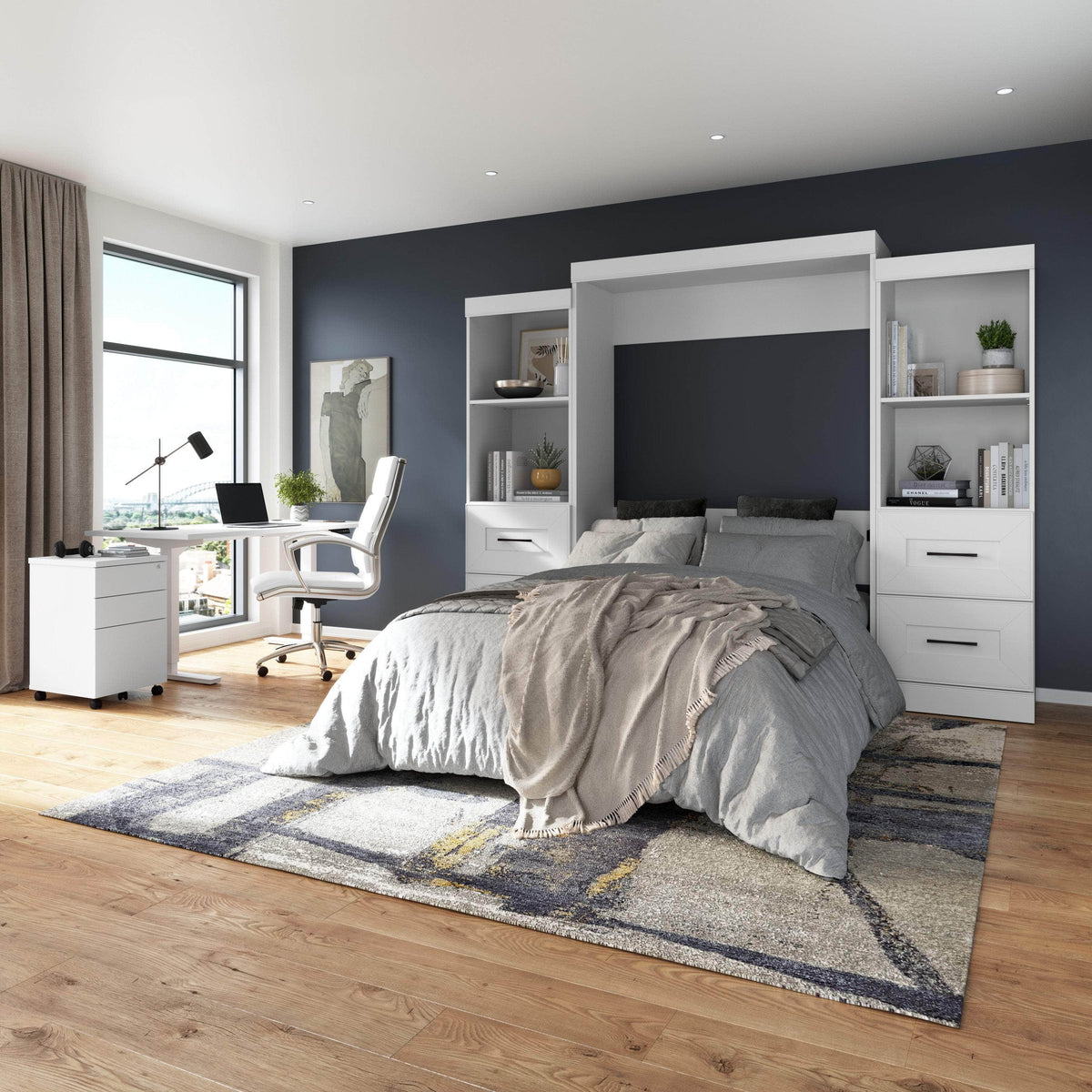 Modubox Edge Full Murphy Wall Bed and Closet Organizers with Drawers in White, image 1