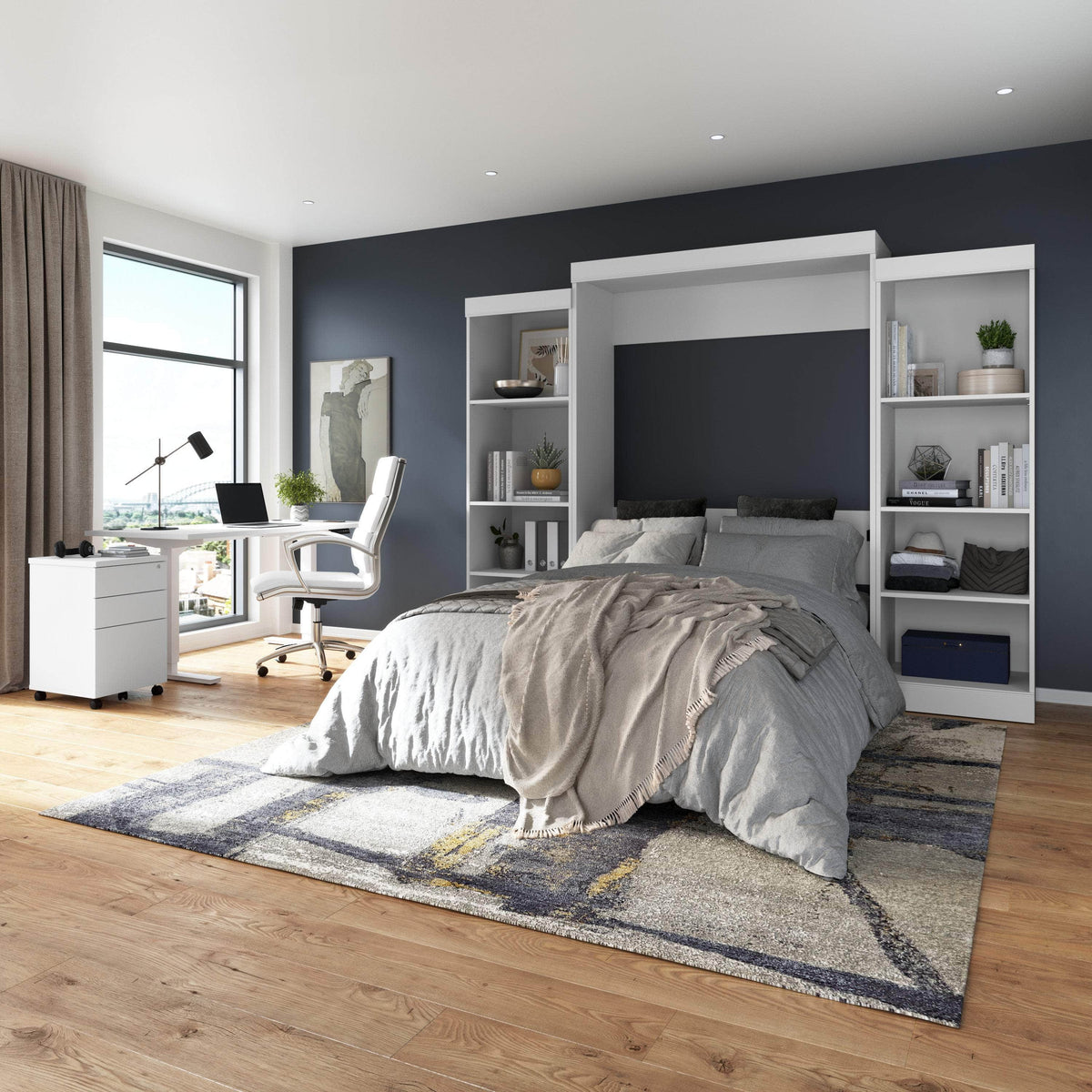Modubox Edge Full Murphy Wall Bed with Closet Organizers in White, image 1
