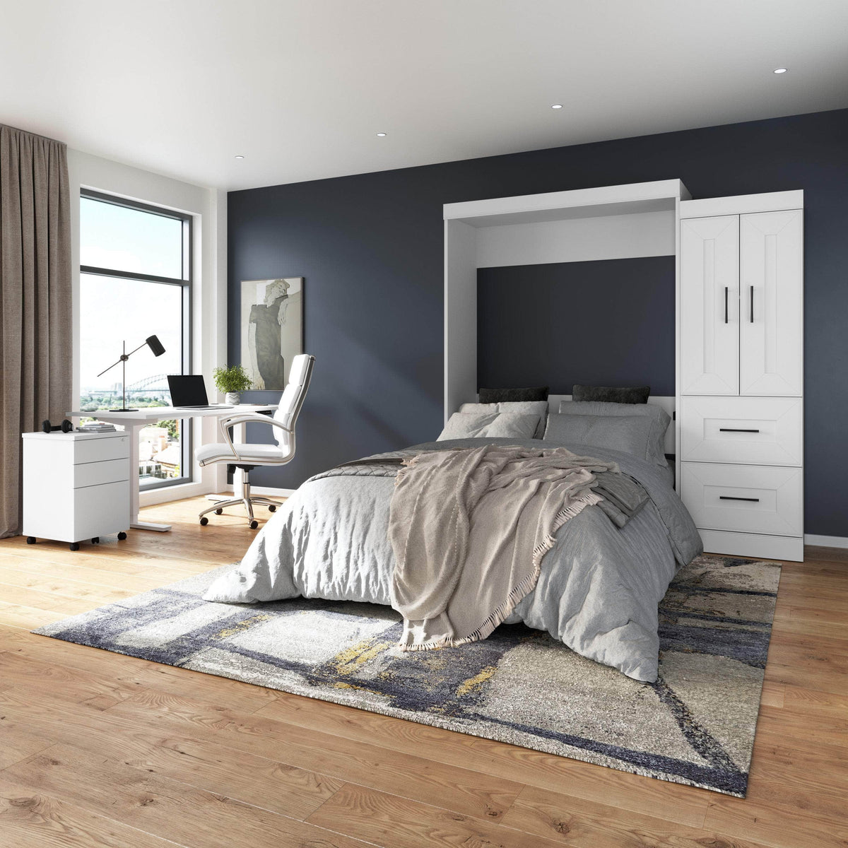 Modubox Edge Full Murphy Wall Bed with Wardrobe in White, image 1