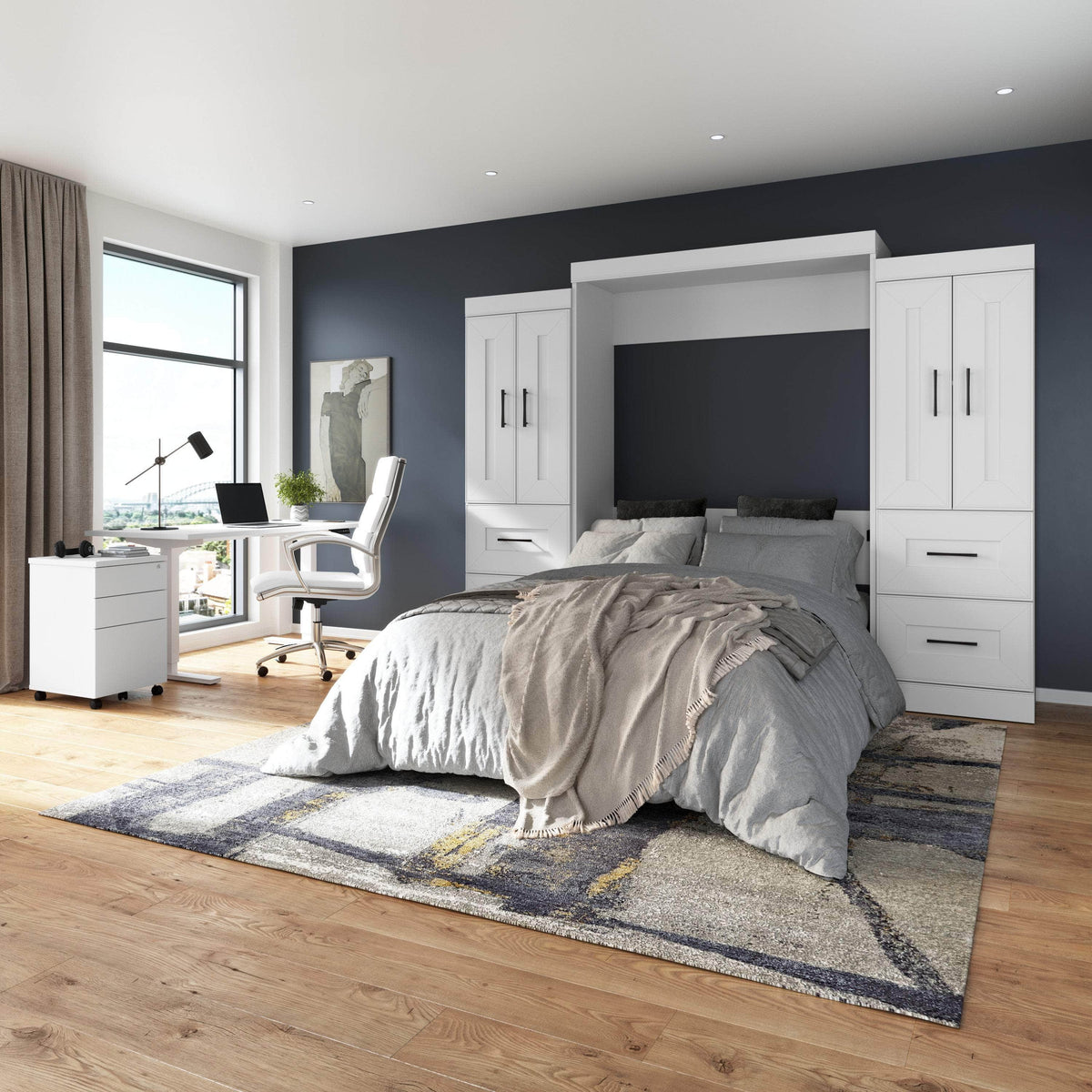 Modubox Edge Full Murphy Wall Bed with Wardrobes in White, image 1
