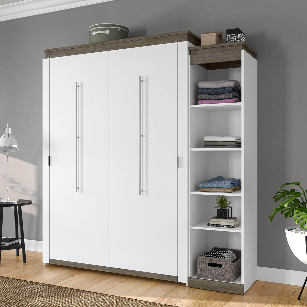 Modubox Orion Queen Murphy Wall Bed with Narrow Shelving Unit, image 1