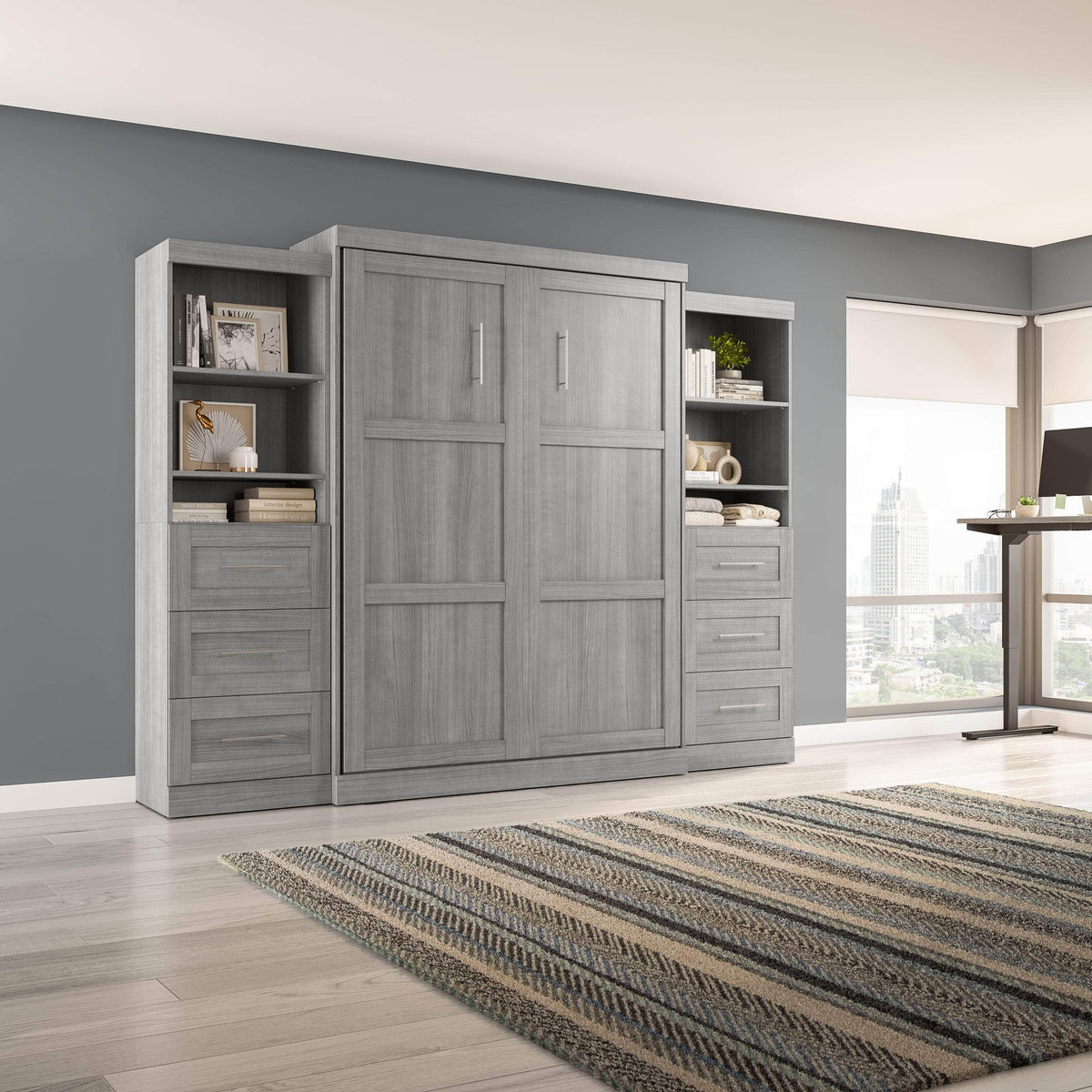 Modubox Pur 115" Queen Size Murphy Wall Bed with 2 Storage Units, image 33