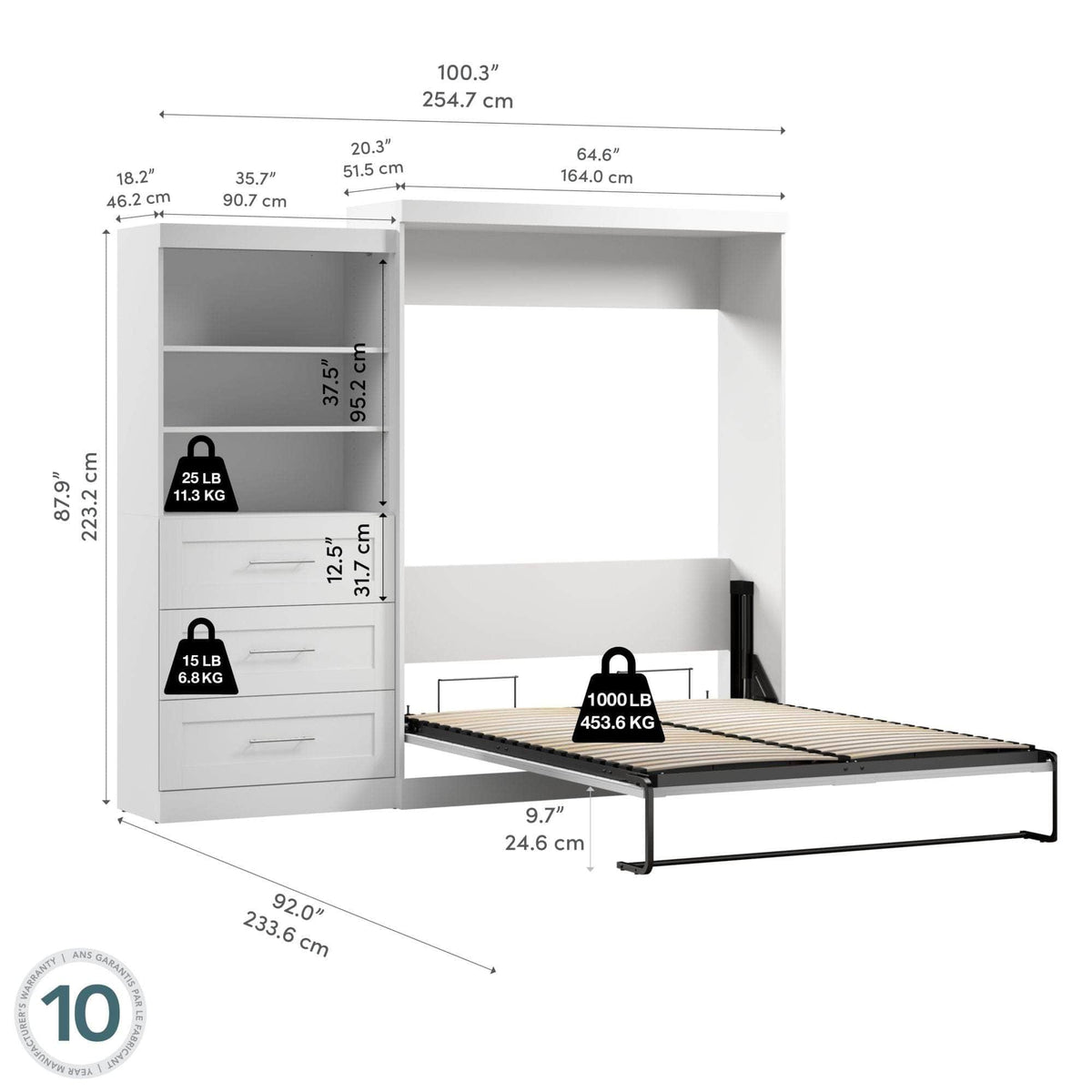 Modubox Pur 101" Queen Size Murphy Wall Bed with Storage Unit, image 10