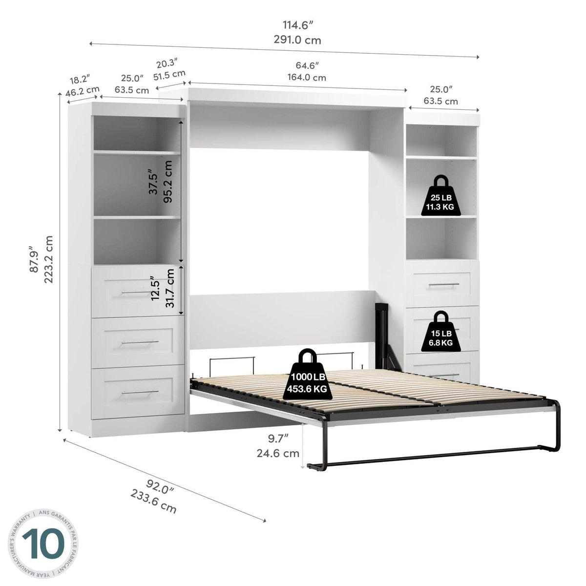 Modubox Pur 115" Queen Size Murphy Wall Bed with 2 Storage Units, image 11