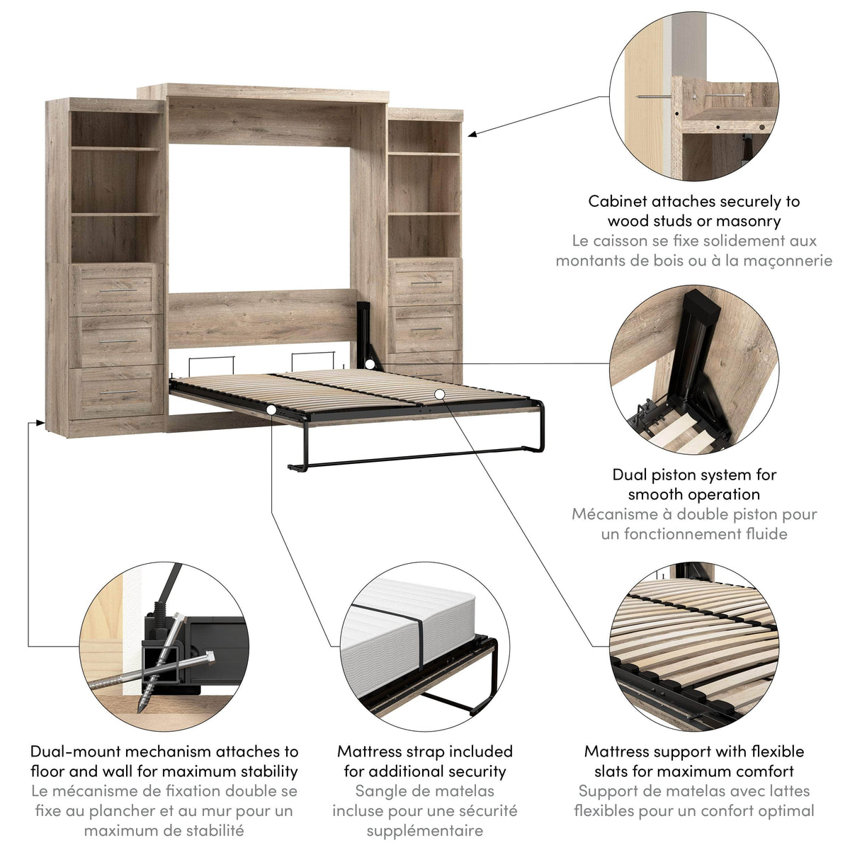 Modubox Pur 115" Queen Size Murphy Wall Bed with 2 Storage Units, image 26
