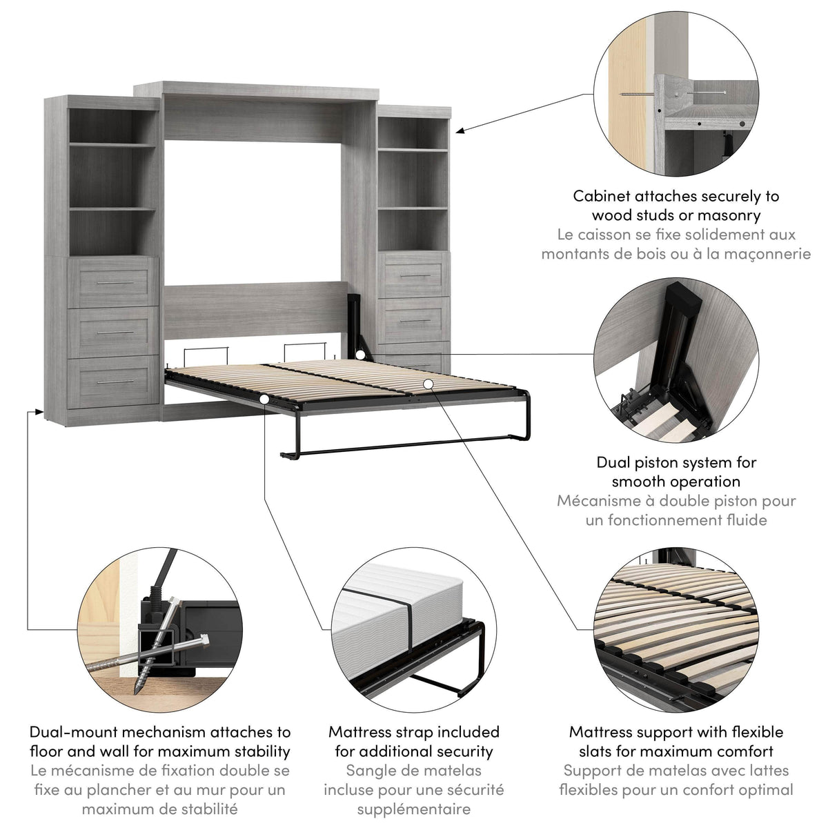 Modubox Pur 115" Queen Size Murphy Wall Bed with 2 Storage Units, image 38