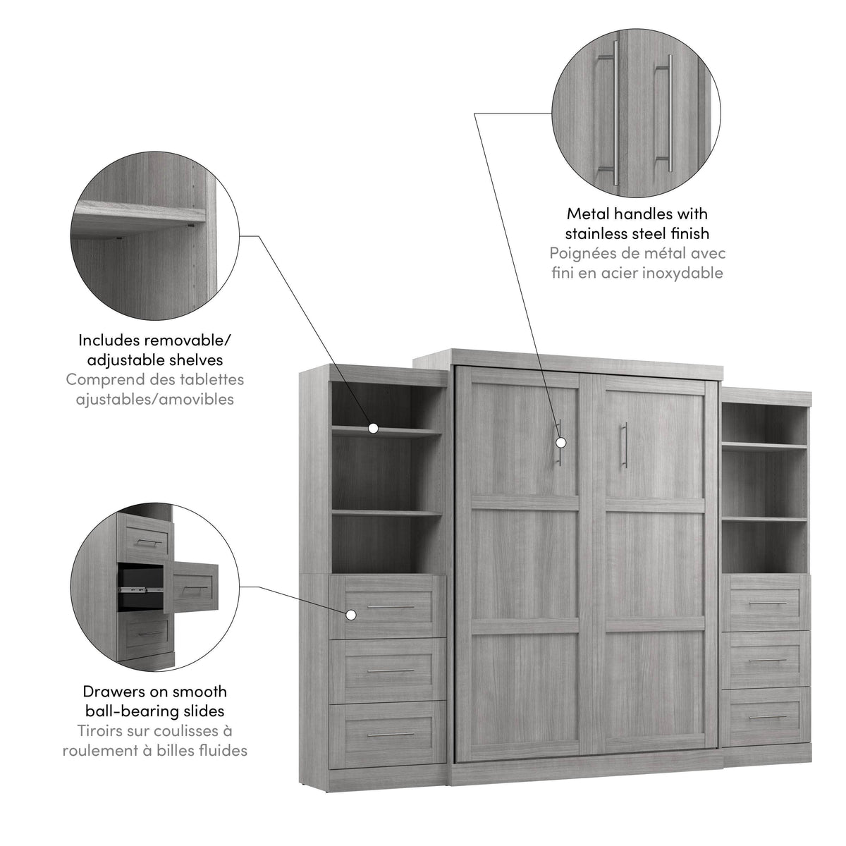 Modubox Pur 115" Queen Size Murphy Wall Bed with 2 Storage Units, image 40