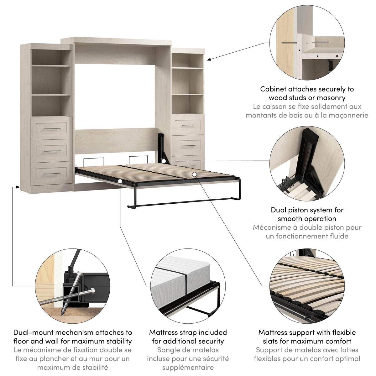 Modubox Pur 115" Queen Size Murphy Wall Bed with 2 Storage Units, image 51