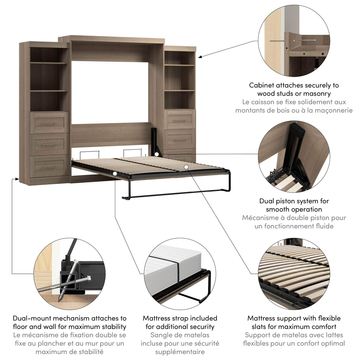 Modubox Pur 115" Queen Size Murphy Wall Bed with 2 Storage Units, image 63