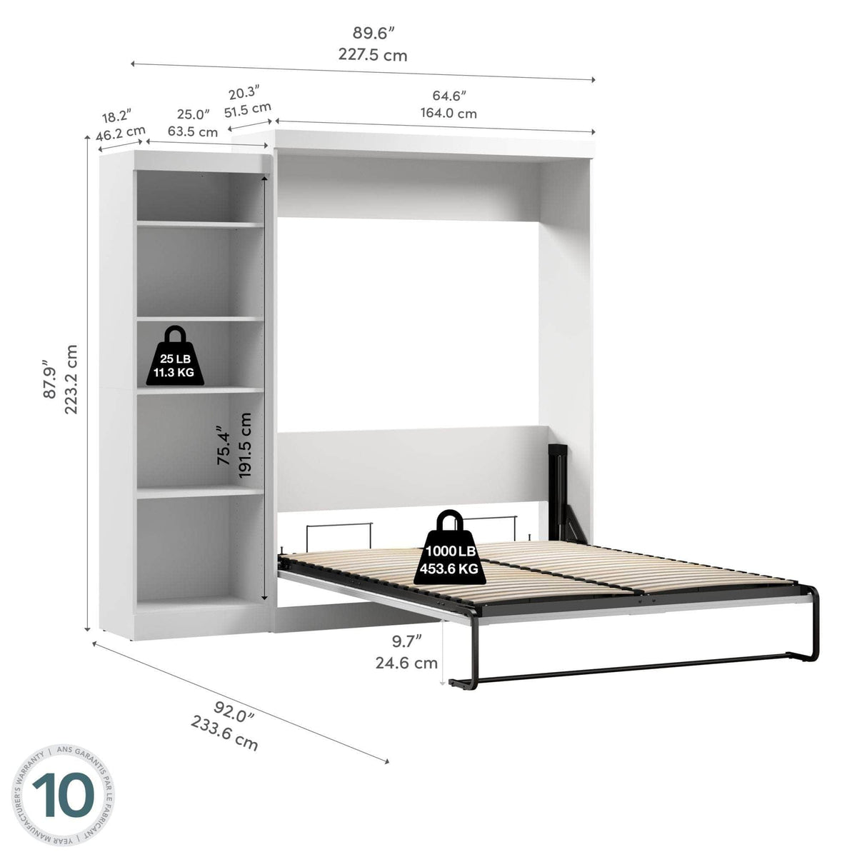 Modubox Pur 90" Queen Size Murphy Wall Bed with Storage Unit, image 10