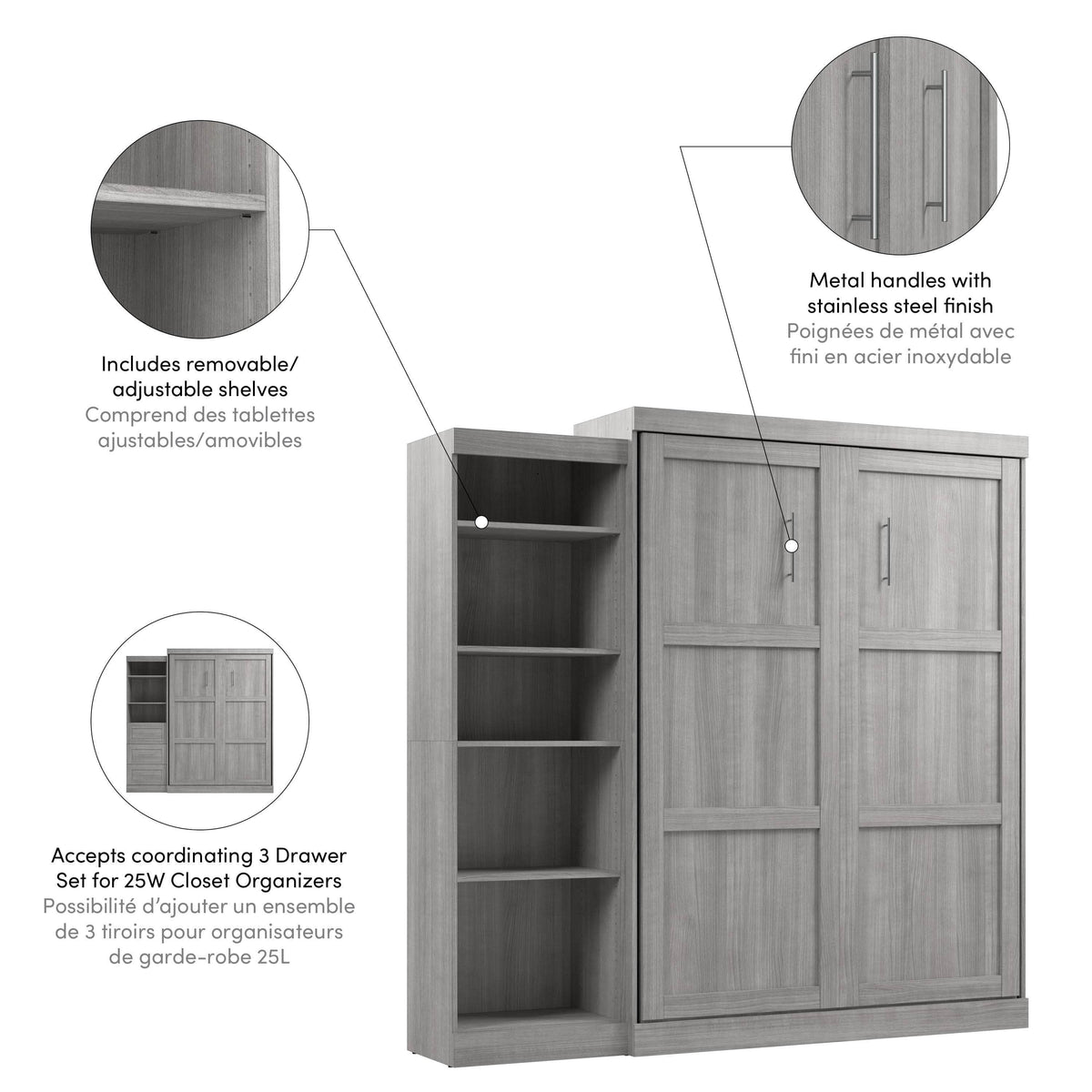 Modubox Pur 90" Queen Size Murphy Wall Bed with Storage Unit, image 42