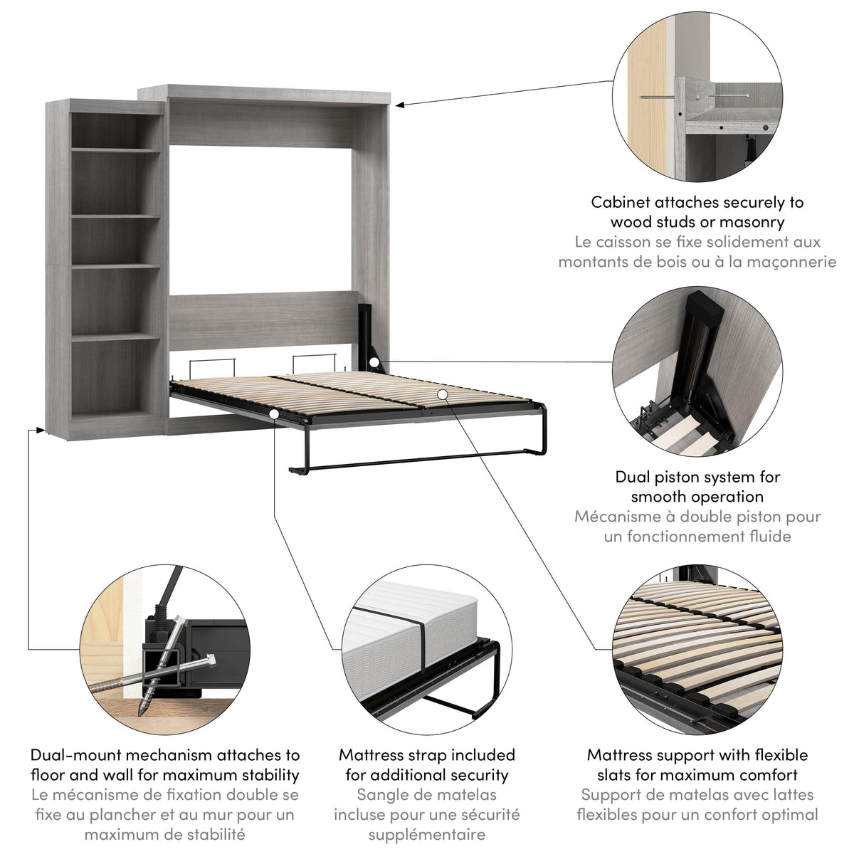 Modubox Pur 90" Queen Size Murphy Wall Bed with Storage Unit, image 39