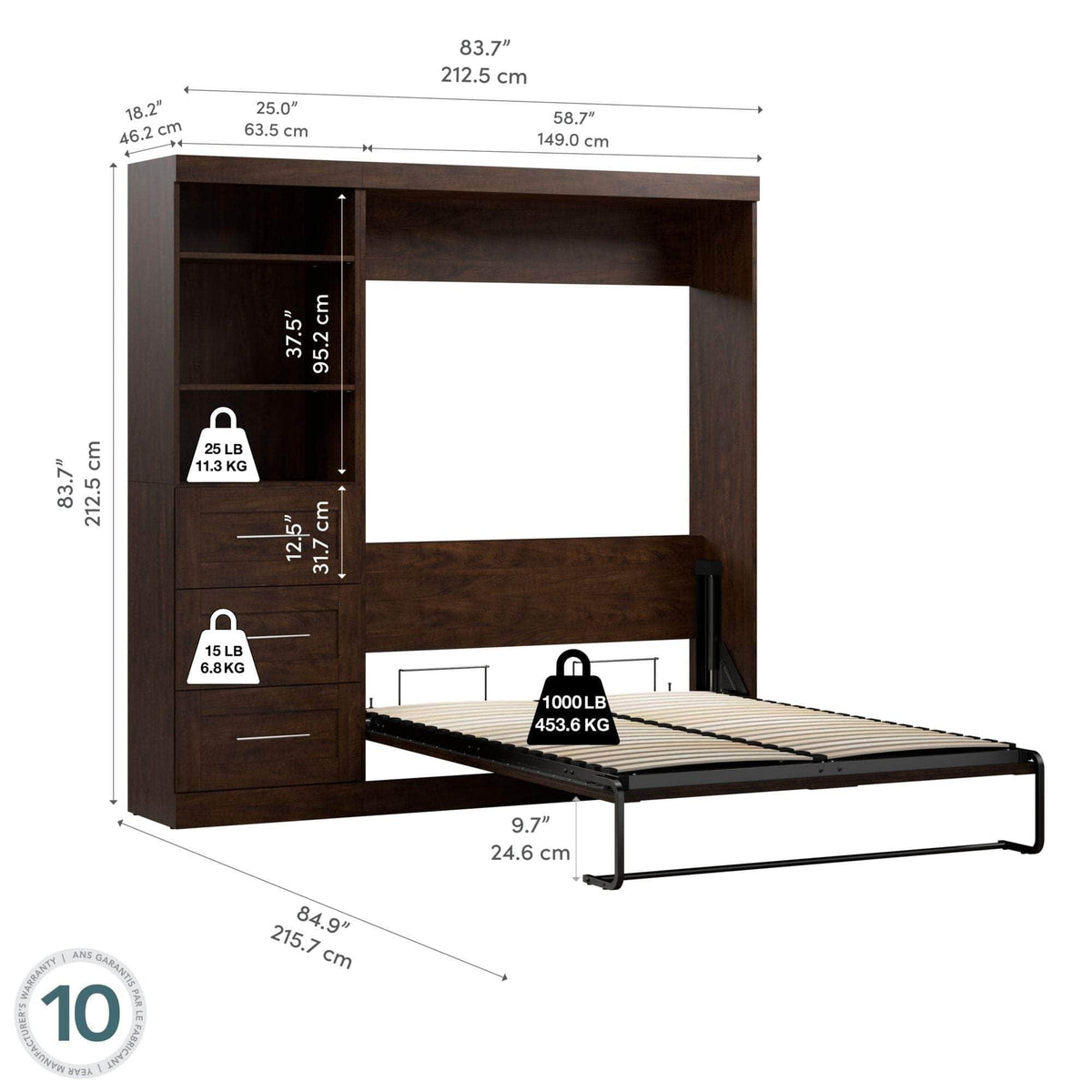 Modubox Pur Full Murphy Wall Bed and 1 Storage Unit with Drawers (84”), image 22