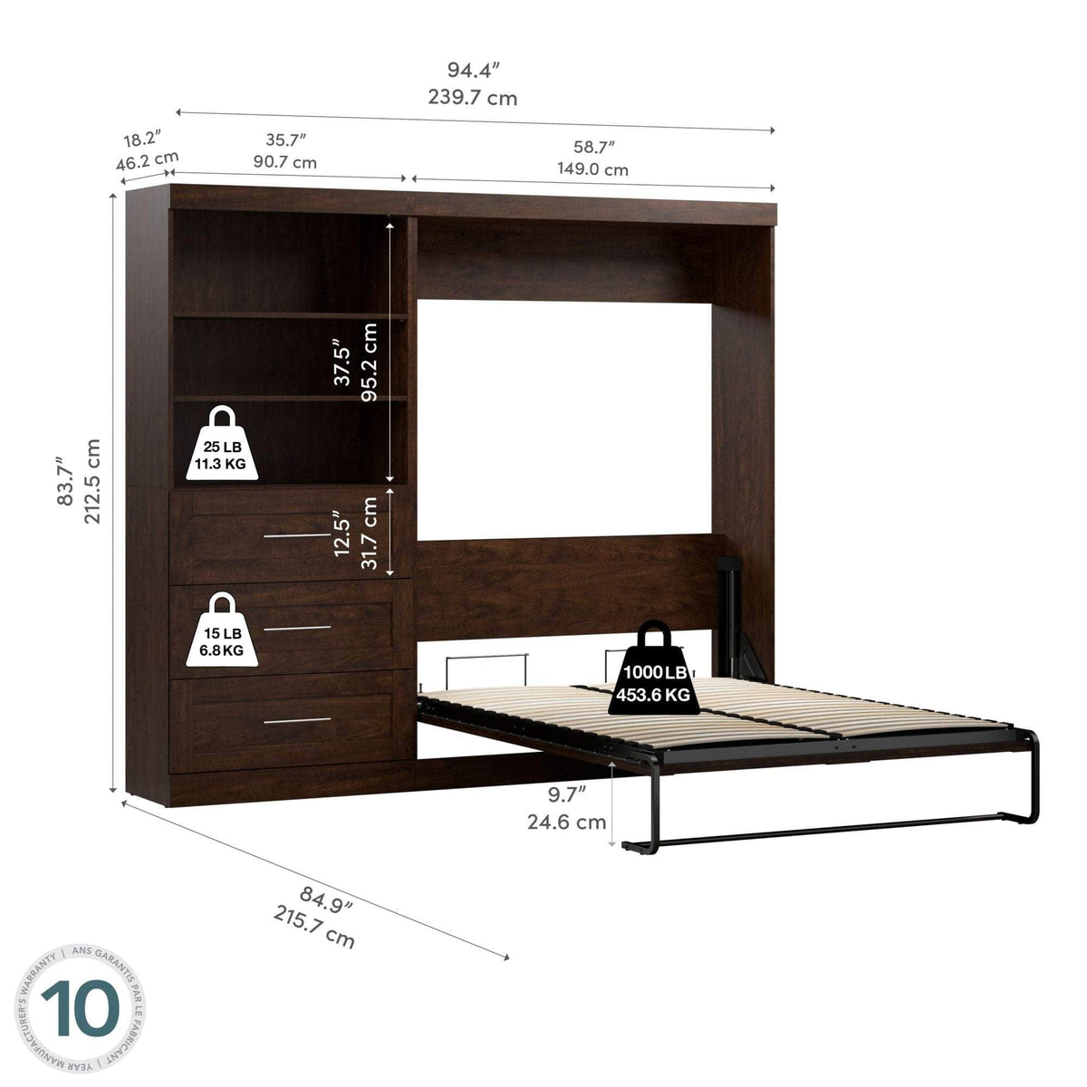 Modubox Pur Full Murphy Wall Bed and Storage Unit with Drawers (95W), image 12