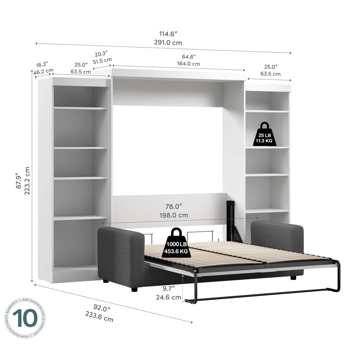 Modubox Pur Queen Murphy Wall Bed, 2 Storage Units and a Sofa (115“) in White, image 9