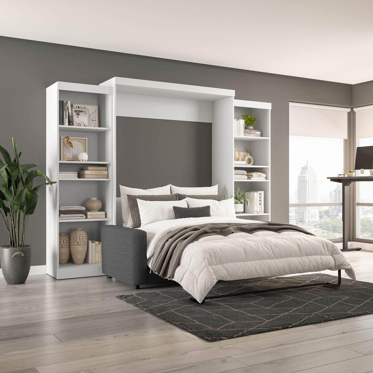 Modubox Pur Queen Murphy Wall Bed, 2 Storage Units and a Sofa (115“) in White, image 1