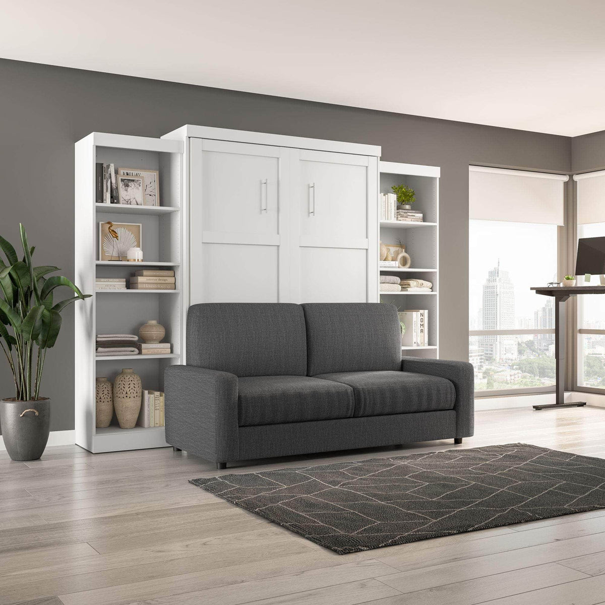 Modubox Pur Queen Murphy Wall Bed, 2 Storage Units and a Sofa (115“) in White, image 2