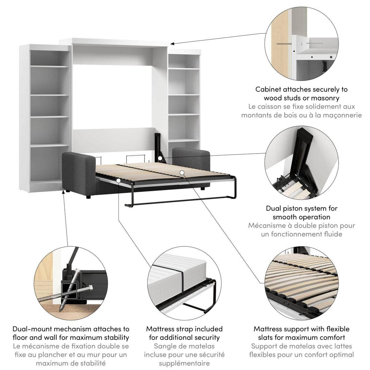 Modubox Pur Queen Murphy Wall Bed, 2 Storage Units and a Sofa (115“) in White, image 10