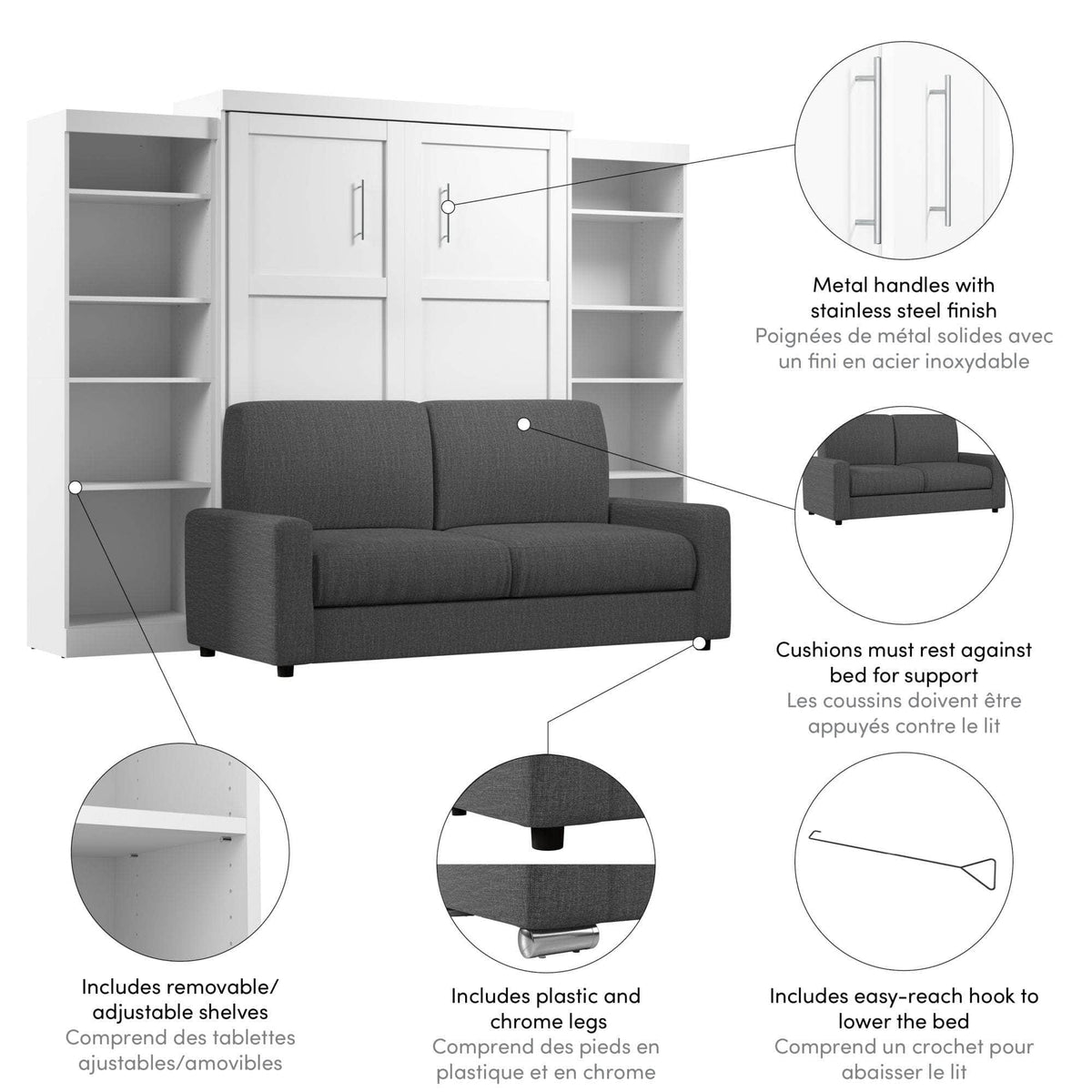 Modubox Pur Queen Murphy Wall Bed, 2 Storage Units and a Sofa (115“) in White, image 4