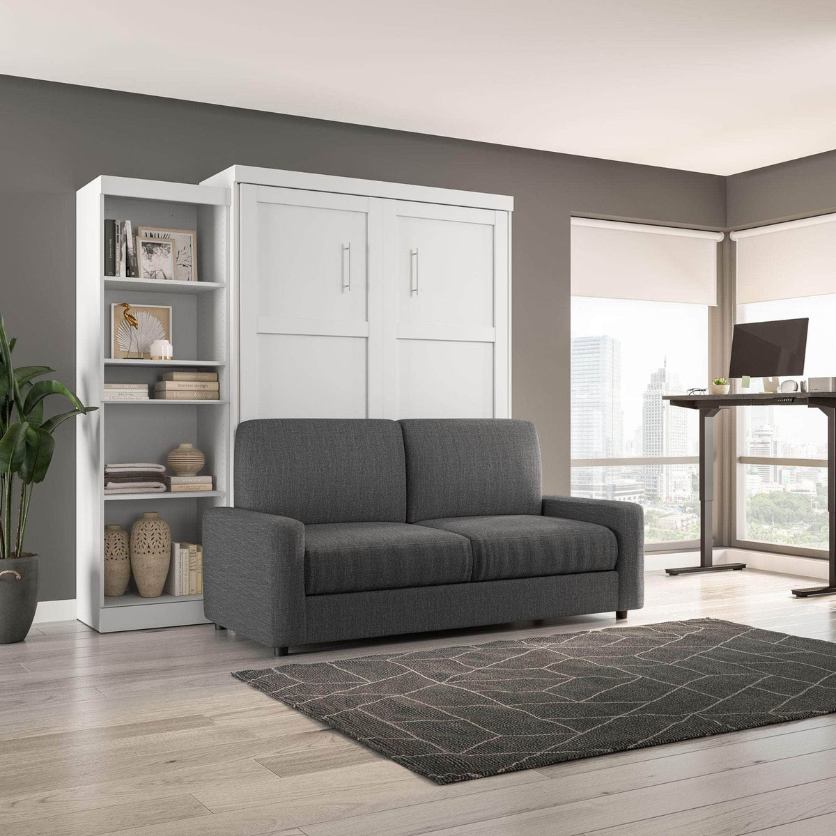 Modubox Pur Queen Murphy Wall Bed, a Storage Unit and a Sofa White, image 2
