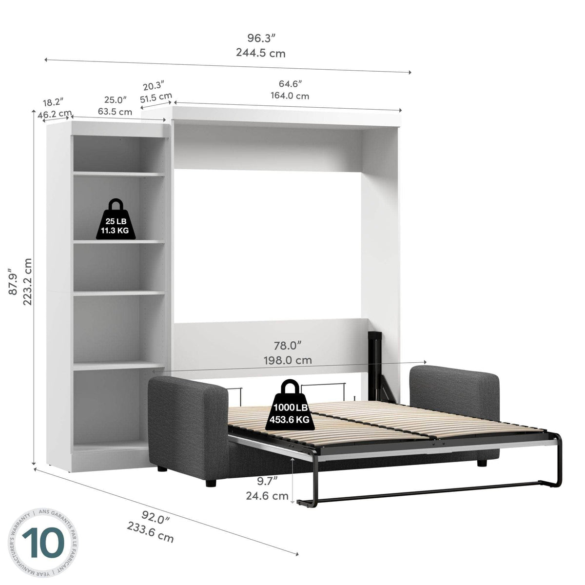 Modubox Pur Queen Murphy Wall Bed, a Storage Unit and a Sofa White, image 5
