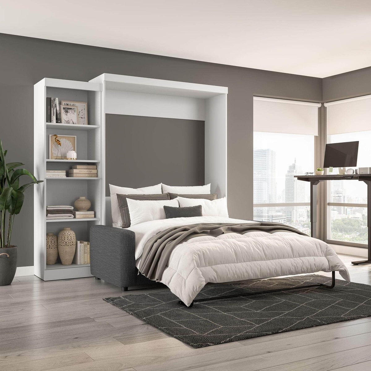 Modubox Pur Queen Murphy Wall Bed, a Storage Unit and a Sofa White, image 1