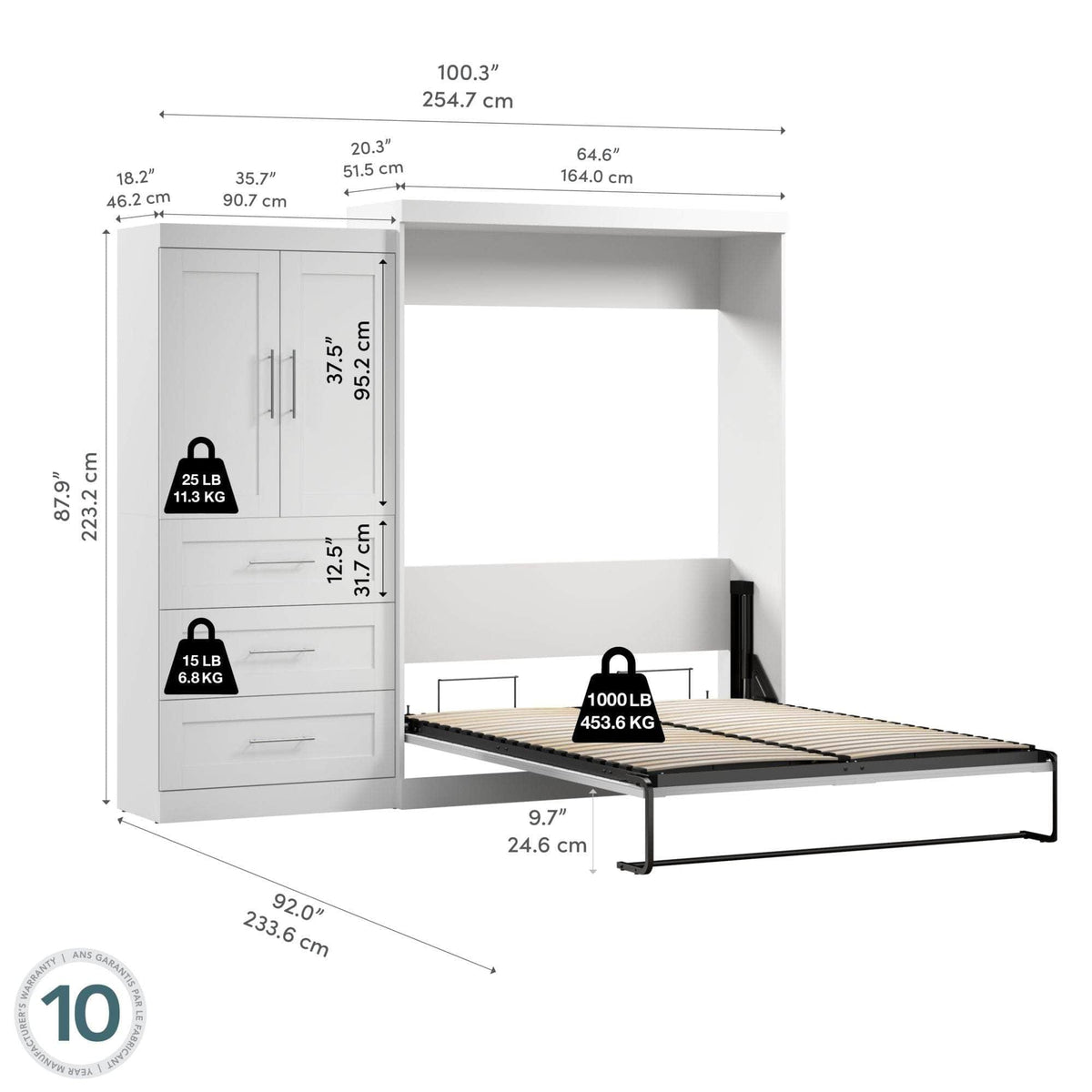 Modubox Pur Queen Murphy Wall Bed and 1 Storage Unit with Drawers (101”), image 8