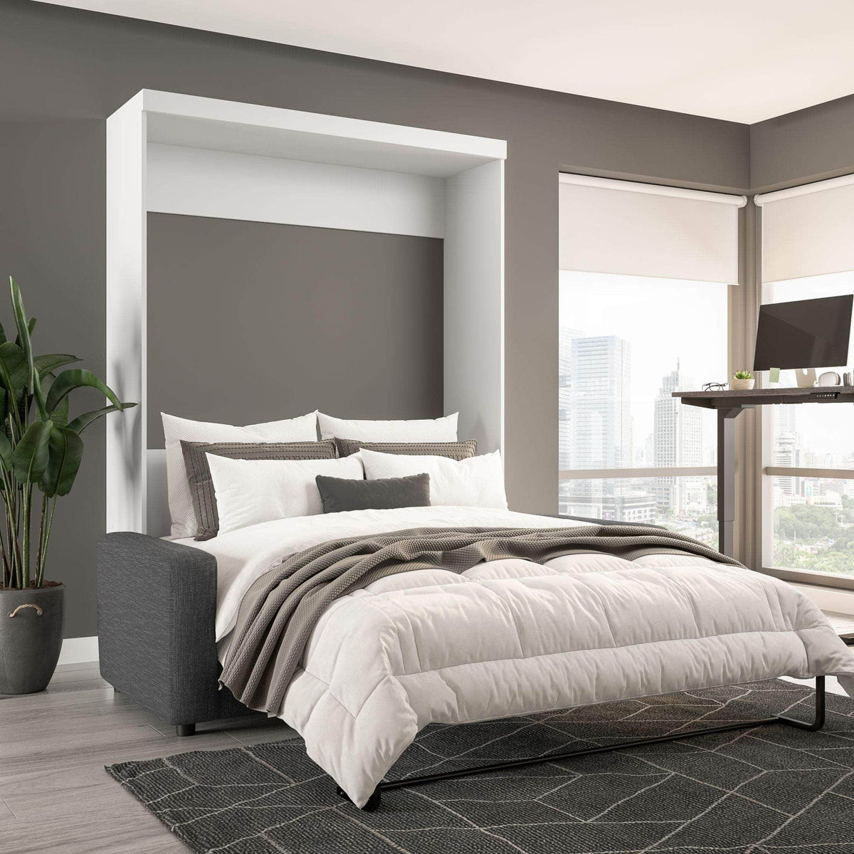 Modubox Pur Queen Murphy Wall Bed and a Sofa in White, image 2