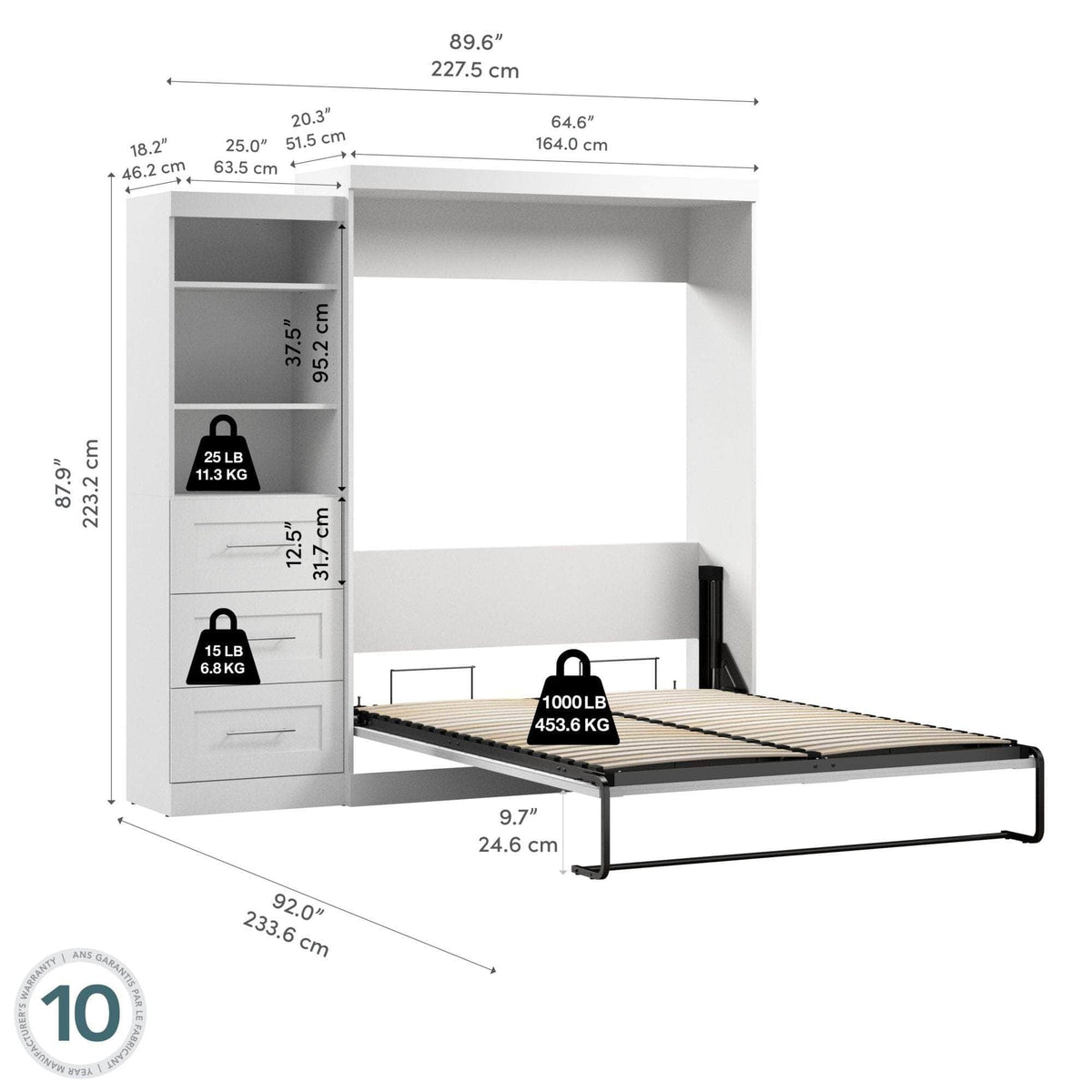 Modubox Pur Queen Murphy Wall Bed and Storage Unit with Drawers (90W), image 14