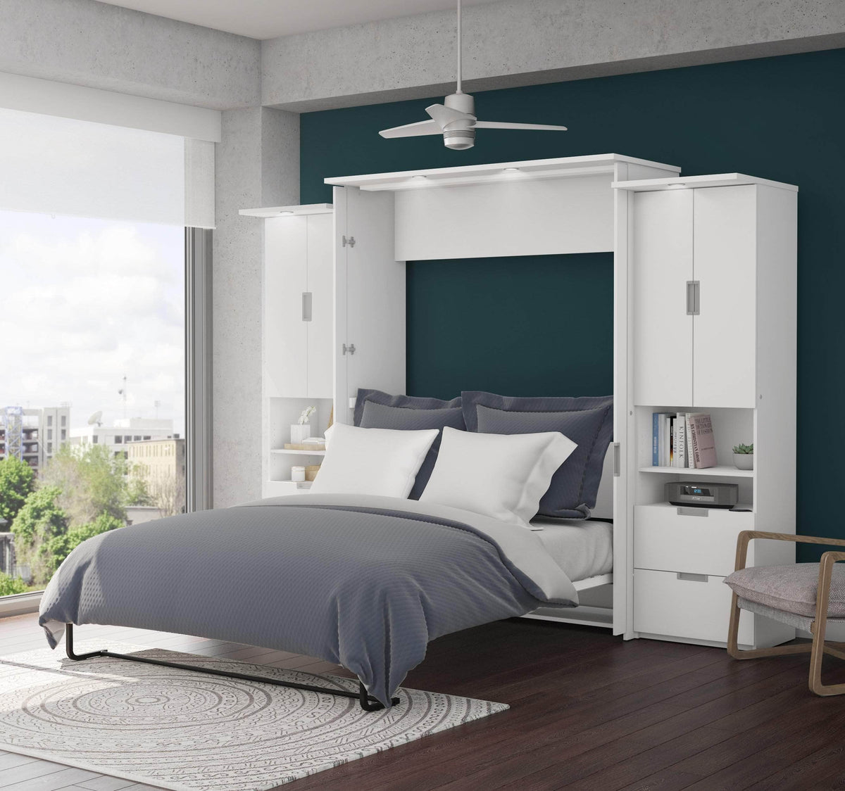 Modubox Lumina Queen Murphy Wall Bed and 2 Storage Units (113”) White, image 1