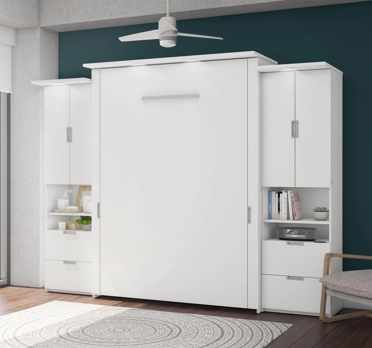 Modubox Lumina Queen Murphy Wall Bed and 2 Storage Units (113”) White, image 2